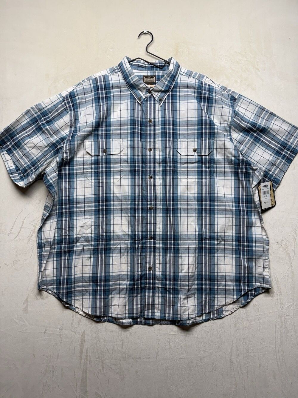 CE Schmidt Workwear Shirt Men’s 4XL Blue White Plaid Shirt Sleeve Button Up
